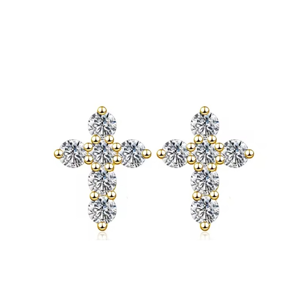 Diamond 14K Gold Plated Sterling Silver‎ Cross Stud Earrings  Dainty  10mm